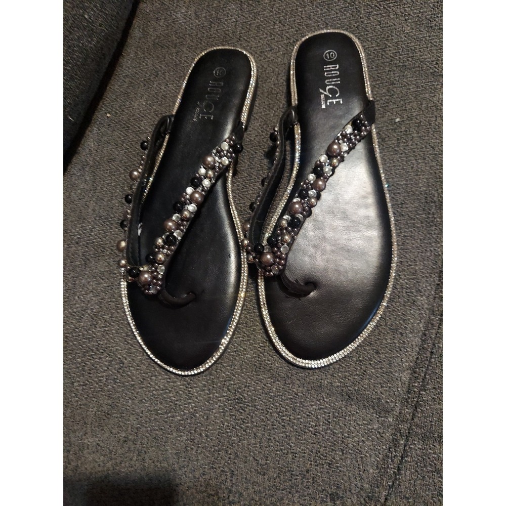 Rouge Helium Black Beaded Rhinestone Thong Sandals Size 10 Boho Bedazzled Y2k - Picture 2 of 12
